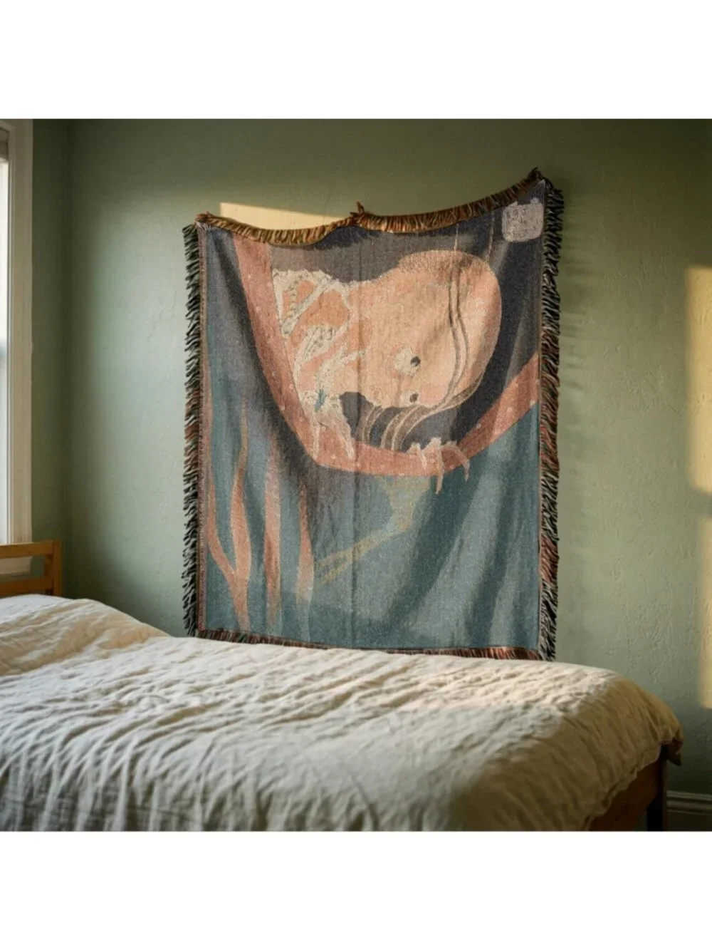 Woven Skeleton Blanket – Hokusai Ghost Ukiyo-e Art, 100% Cotton Japandi Decor